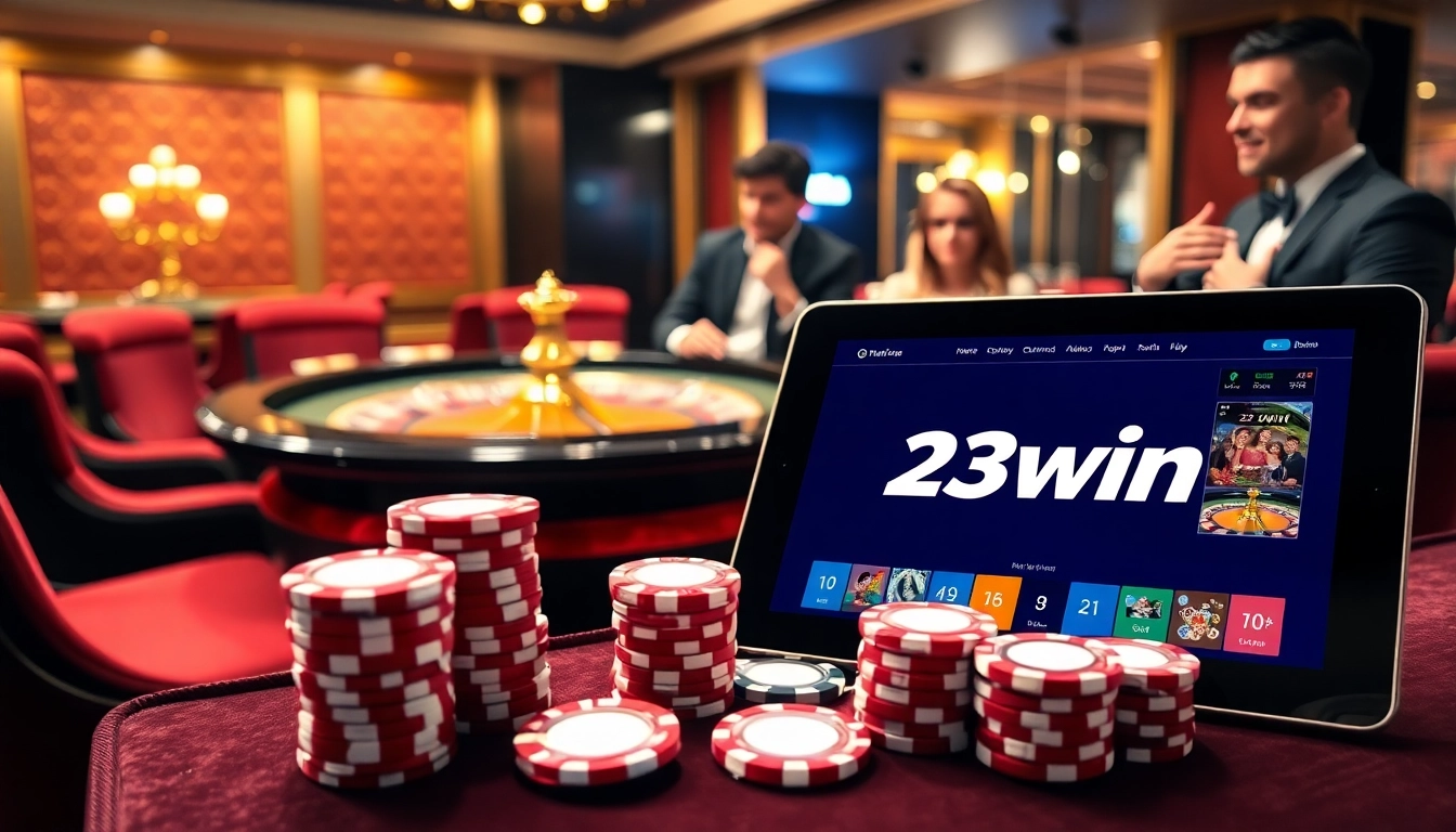 Experience the excitement of 23win with luxury casino tables and online gambling interfaces.
