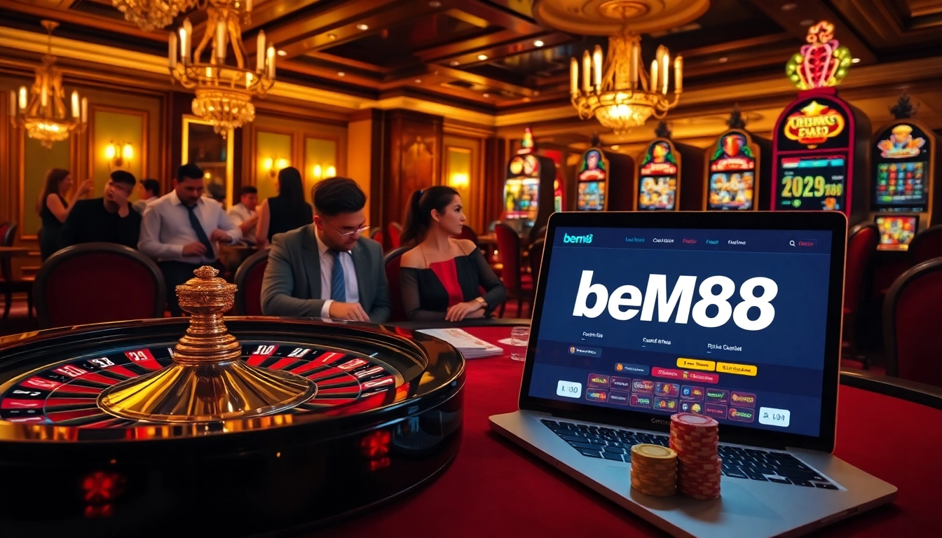 Gamblers enjoying a thrilling casino experience at bem88 with poker, roulette, and slot games.