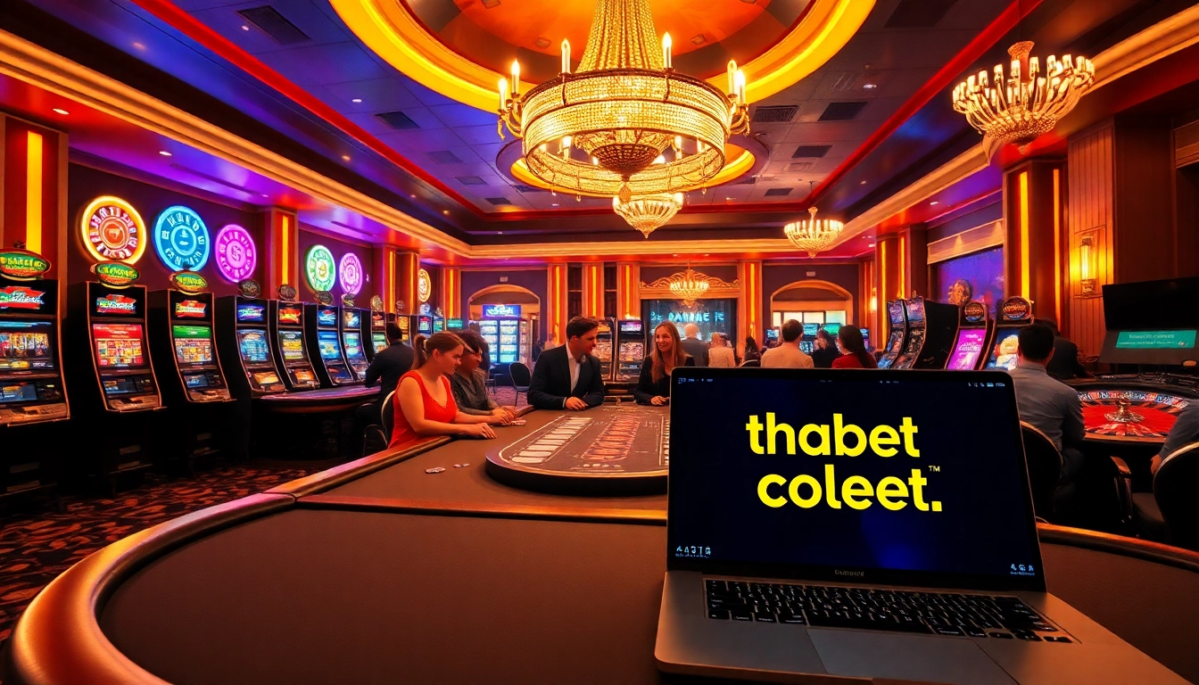 Engaged players at a vibrant casino with a poker table, highlighting excitement on https://thabet.college/.