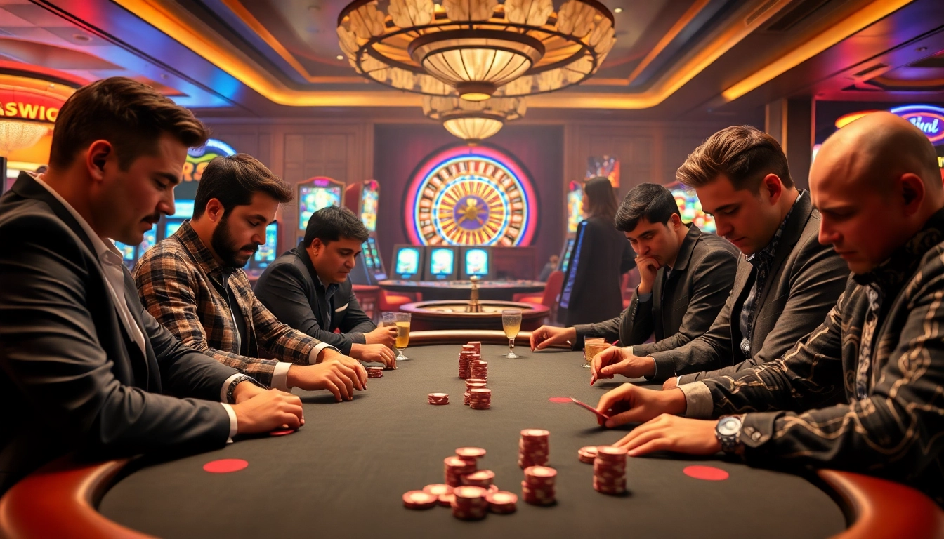 Intensely focused poker players at tg88's high-stakes table, showcasing the thrill of gambling.