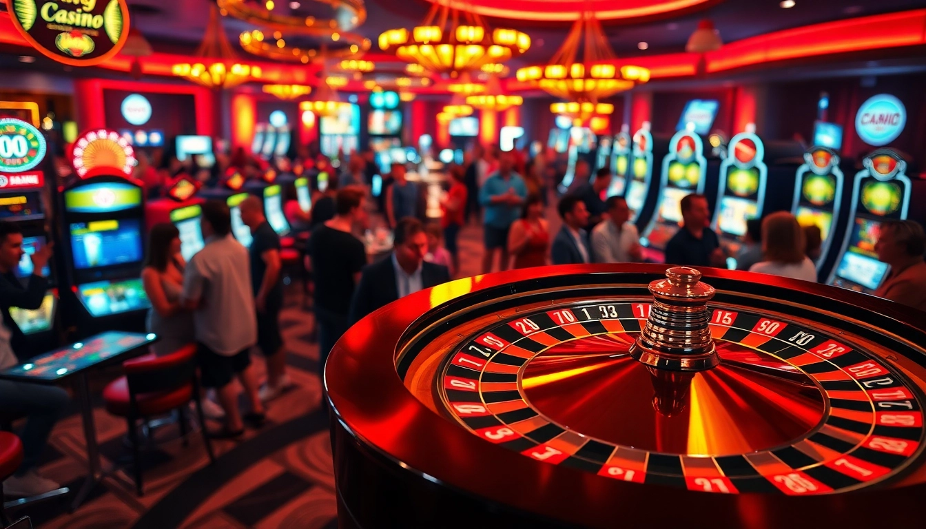 Engaged players at a Casino roulette wheel in a lively atmosphere.