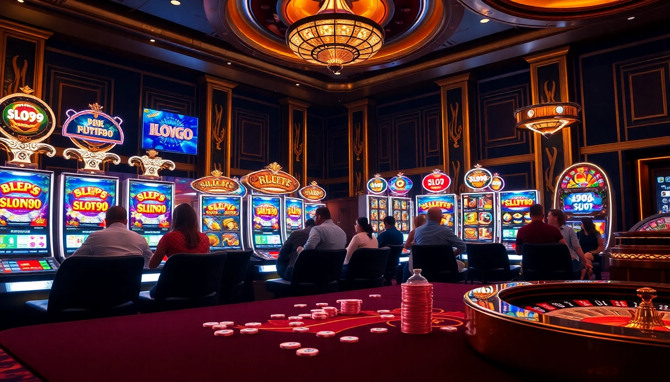 SLOT99 players enjoying high-stakes slot machines in a luxurious casino setting, showcasing vibrant graphics.