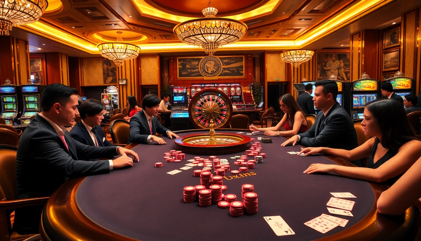 Experience the thrill of gameplay with sunwin in a luxurious casino setting featuring poker, roulette, and slot machines.