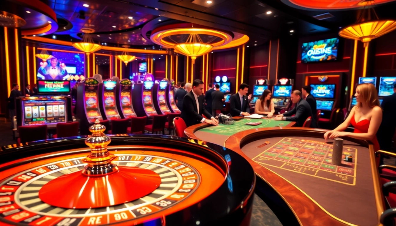 Exciting scene showcasing a luxurious casino environment with 789win com có featuring gaming tables and slot machines.