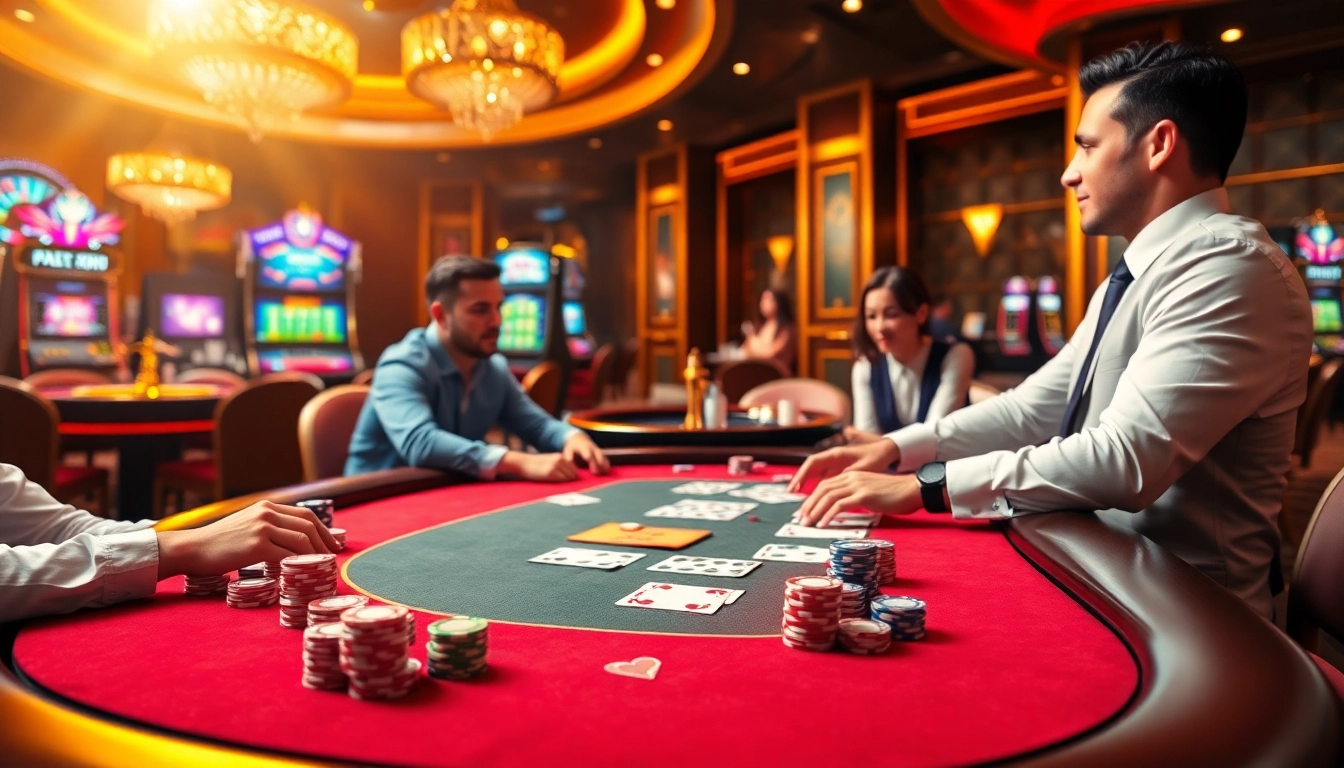 Players enjoying a thrilling poker game at 99 ok's luxurious casino setting, with colorful chips and cards.