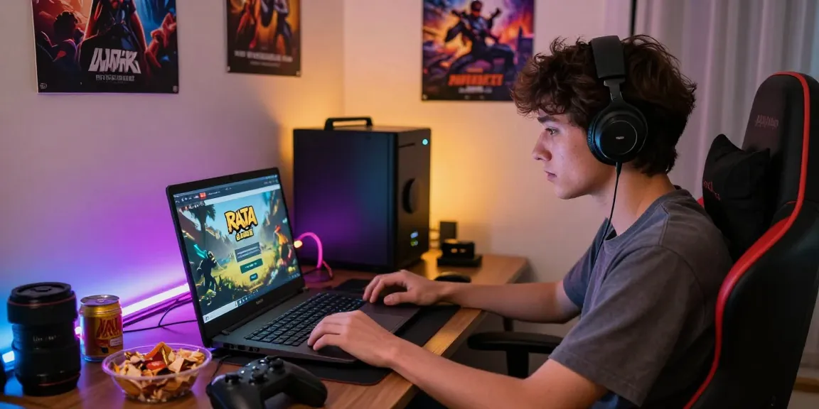 Raja Game login page displayed on a laptop during an evening gaming session with engaging atmosphere.